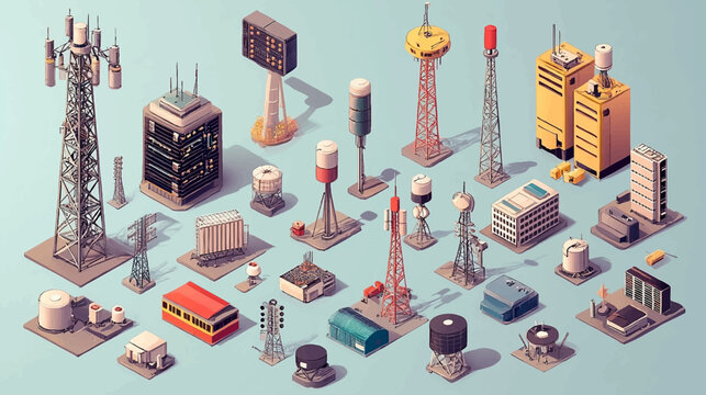 Conceptual template with man and woman looking at cell tower. Scene for pros and cons of 5G technology standard for digital cellular networks. Modern isometric vector illustration for webpage.