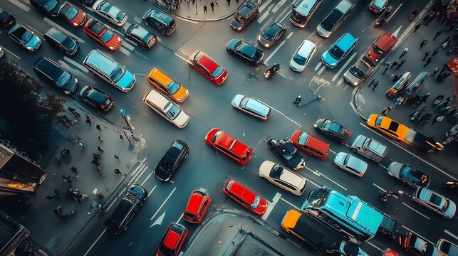 An aerial view of a busy city intersection with cars lined up in all directions.
