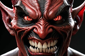 Naklejka premium a demon with very smooth facial features, very smooth teeth and very smooth eyes, black and red, realistic, detailed, smooth