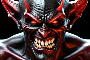 Naklejka premium a demon with very smooth facial features, very smooth teeth and very smooth eyes, black and red, realistic, detailed, smooth