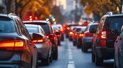 A long line of cars stopped in traffic on a city street.