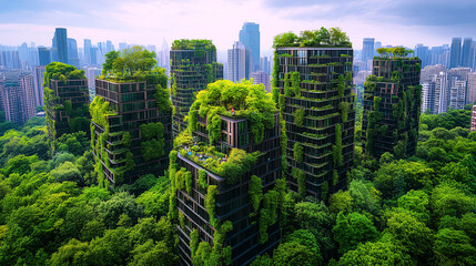 Obraz premium Sustainable urban landscapes in the future, futuristic urban design with extensive green architecture, large public spaces filled with plants, electric buses on wide lanes, solar power stations integr