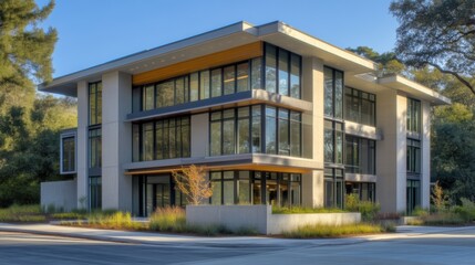 Fototapeta premium Modern two-story building with concrete trim and glass facade in natural setting