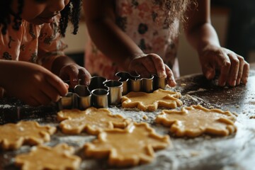 Close-up of a young girl's hands cutting flower-shaped cookies out of dough with metal cookie cutters