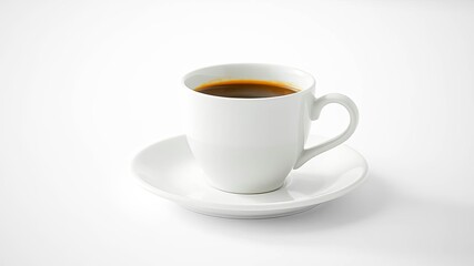 Obraz premium A single cup of black coffee on a white saucer, sitting on a white surface, creating a minimalist visual composition.