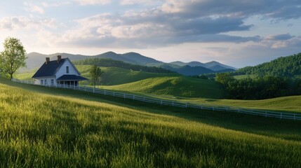 A white house sits on a hillside in a lush green field