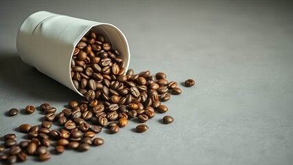 A close-up of a white container spilling roasted coffee beans onto a gray surface, capturing the aroma and essence of freshly brewed coffee.