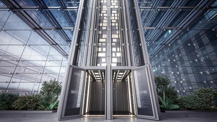 Low angle shot of a modern skyscraper covered in the fog. made with generative Ai
