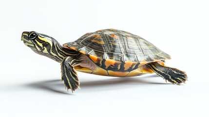 Obraz premium A small turtle walks across a white background.