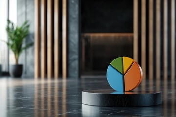 A colorful pie chart is sitting on a marble pedestal in a room
