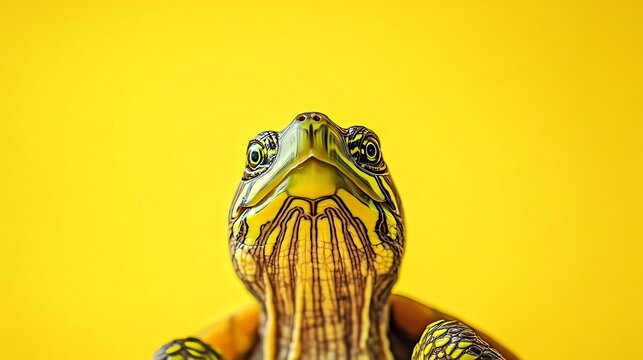 A small turtle with a patterned shell crawls across an orange background.
