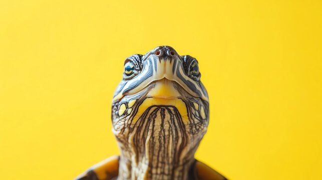 A small turtle with a patterned shell is looking directly at the camera. It is sitting against a bright yellow background.