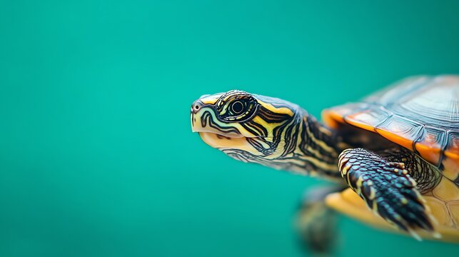 A turtle with a patterned shell swims in clear blue water.