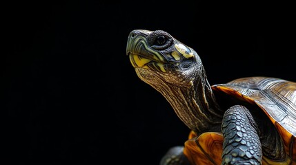 Obraz premium A close-up photo of a turtle's face, showing its eye and shell, with a blurred green background.