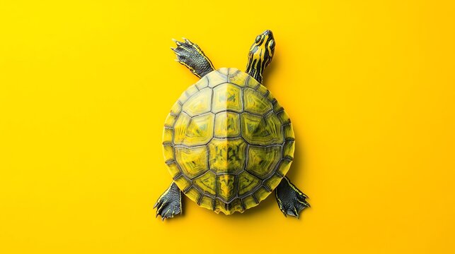 A turtle with a yellow and green shell sits on a vibrant yellow background.