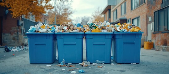 Four overflowing blue recycling bins on a city street.