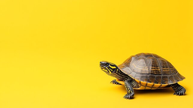 A small turtle with a patterned shell crawls across an orange background.