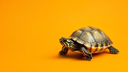 Fototapeta premium A small turtle with a patterned shell crawls across an orange background.