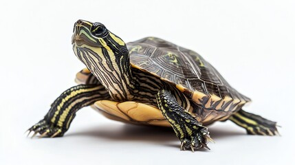 A small turtle with a patterned shell crawls forward on a white background.