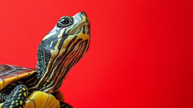 A small turtle with a patterned shell is looking directly at the camera. It is sitting against a bright red background.