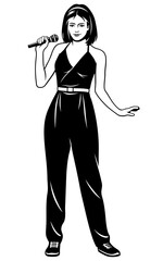 Young Singer Girl in Overalls. Black and white vector clipart isolated on white.