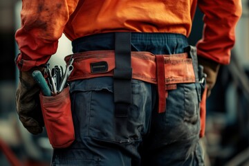 Close-up of a repairman with a bag and a set of tools on his belt