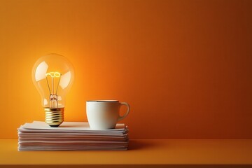 Light Bulb and Cup on Stack of Papers