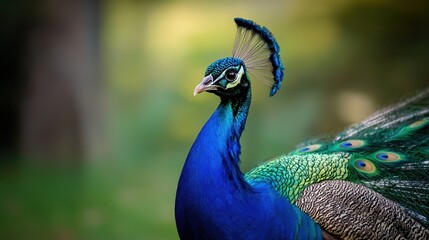 Fototapeta premium A blue and green peacock with a large, colorful head