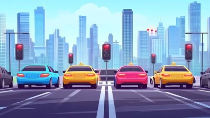 Cars stopped at a red light in a city.