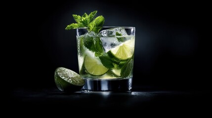 A glass of limeade with a lime wedge in it