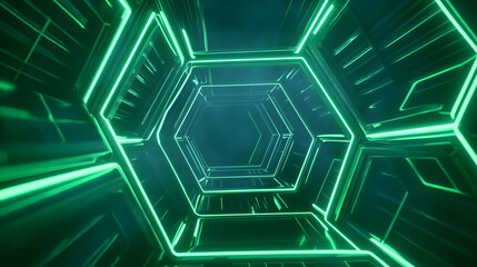 A glowing green hexagonal tunnel leading into infinity, illuminated with vibrant neon lights and a futuristic aesthetic.