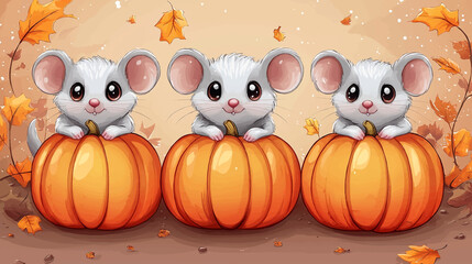 Obraz premium Vector set of mouse characters, Halloween kawaii cartoon style. Rats dressed up in pumpkin hat, Mouse with pumpkin and candies. Halloween and thanksgiving cartoon illustration.