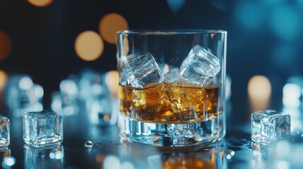 A glass of whiskey with ice cubes in it