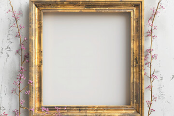 A gold framed white frame with a white background