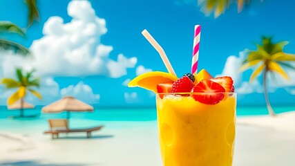 Obraz premium A refreshing fruit smoothie with tropical fruits, served with straws and a slice of orange, set against a backdrop of a pristine beach and palm trees.