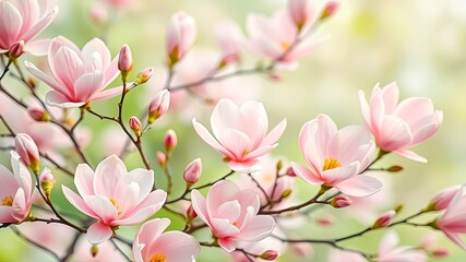 Obraz premium Delicate Pink Magnolia Blossoms in Full Bloom, Their Soft Petals Unfurling in the Gentle Spring Breeze