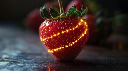 Glowing DNA structure embedded in a strawberry, gene modification theme