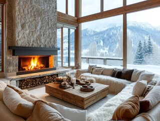 Fototapeta premium Cozy Living Room with Fireplace and Snowy Mountain View
