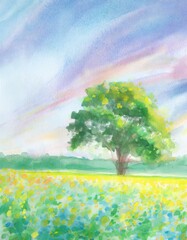 watercolor landscape painting with a tree