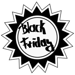 Black Friday Sello con texto y símbolo de oferta. Icono de oferta Black Friday. Letrero con palabras Black Friday con símbolo de estrella de descuento. Imagen a vector sencilla en blanco y negro. 