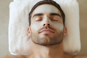 A man with a beard is laying down with a white towel on his head