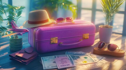 Pink suitcase with travel essentials, including a hat, sunglasses, passport, and money, on a wooden table.