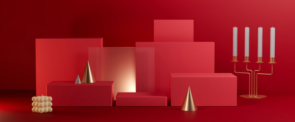 Red premium stand minimal scene festive theme with candle and gold ornament. 3d rendering.