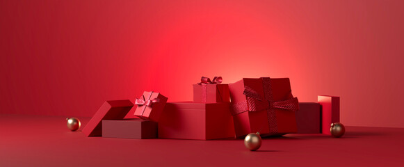 Red gift boxs group festive scene and gold ornament. Red Banner. 3d rendering.