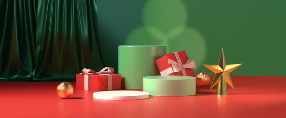 Christmas podium  green and red scene with red gift box and metallic ornament. 3d rendering.