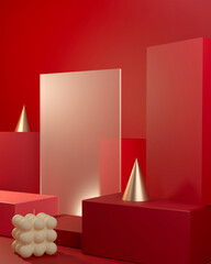 Red premium stand minimal vertical scene festive theme with candle and gold ornament. 3d rendering.