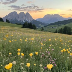 Fototapeta premium Siusi meadows at sunset, mountains behind