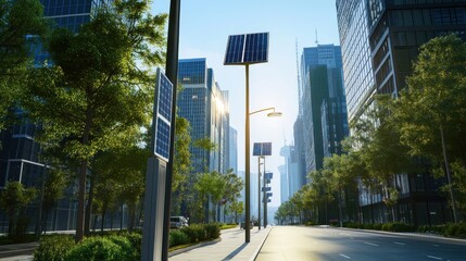 Modern City Street with Solar Powered Lights