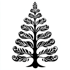 Obraz premium Black and White Silhouette Christmas Tree with Intricate Leaf Patterns, Artistic Design