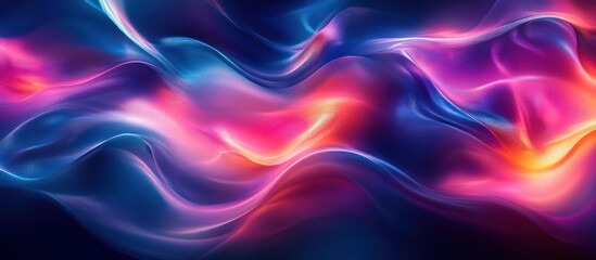 Fototapeta premium Abstract wavy pattern with blue, pink and orange colors on a dark background.